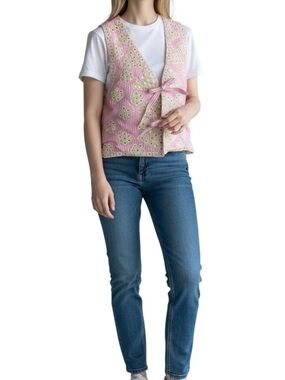 Drôle de Copine Paris Stripe Crochet Boho Indie Tie Front Vest‎ Womens M/L Pink